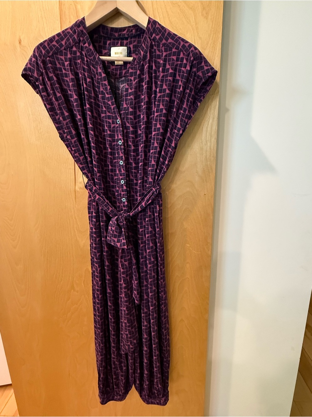 Maeve Purple Geometric Button-Front Tie-Waist Jumpsuit